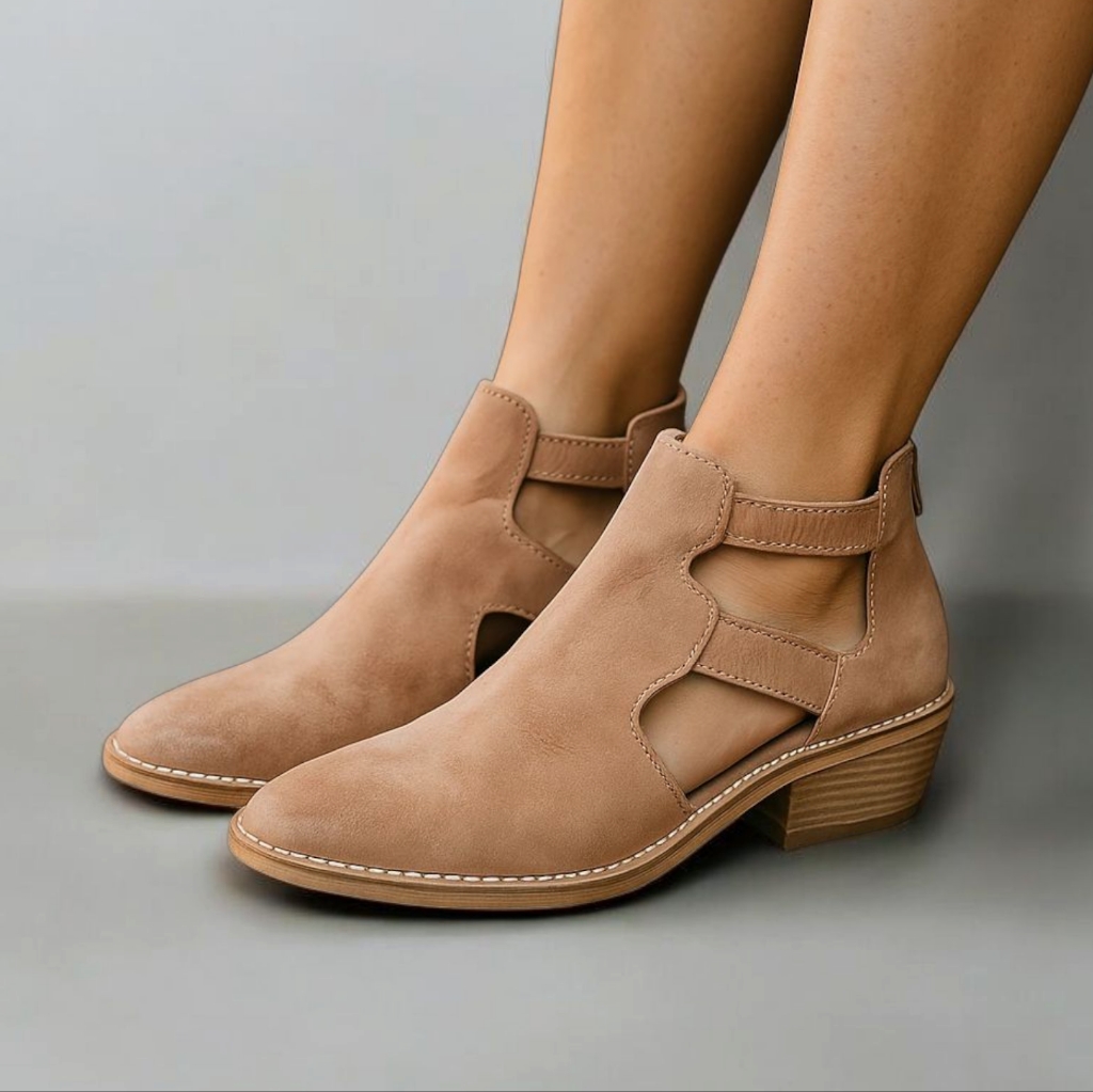 Eileen Fisher Tan Leather Ankle Booties With Side Cutouts Size 5½